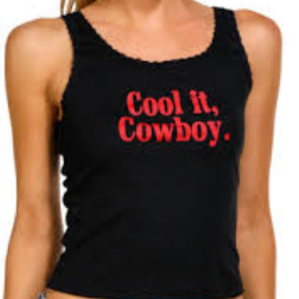 Trendy Black Tank Top with Red Text, "Cool It Cowboy." Size Medium.
